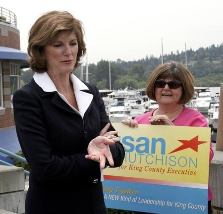 King County Executive candidate Susan Hutchison discussed her policy initiatives aimed at helping small businesses during a press conference at Carillon Point in Kirkland Tuesday. Also pictured is campaign volunteer Selma Robb.