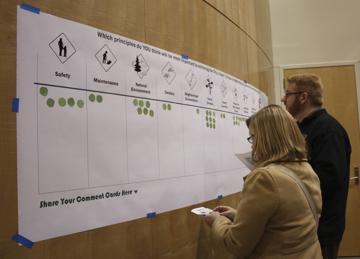 Shannon Kilpatrick and Dan Werr try to decide which principles are the most important to them at last week's transportation meeting at Redmond City Hall. The two downtown residents said they enjoy living in a mixed-use area where they can walk wherever they need to go.