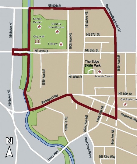 The above map shows the affected portion of downtown Redmond