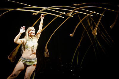 Lara Jacobs Rigolo carefully balances palm ribs in her “Manipulation” performance under the Cirque du Soleil big top.