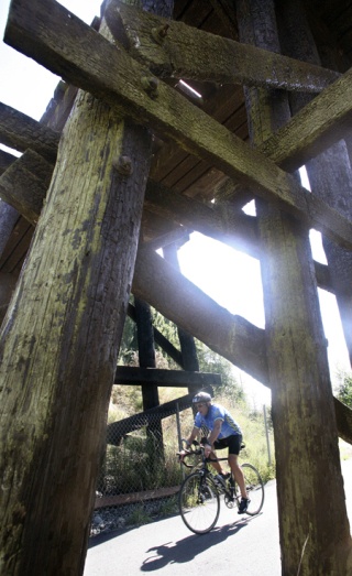 A bicyclist zips by underneath an old railroad bridge along the Sammamish River Trail.