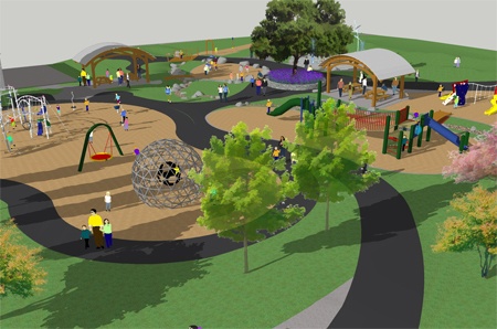 This is an artist's rendering of the new planned playground additions to Perrigo Park. More children's play areas