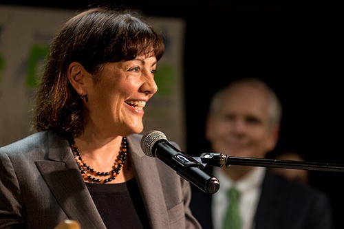 Suzan DelBene speaks at last night's gathering at the Redhook Brewery in Woodinville.