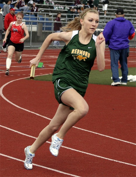 Redmond High's Bailey Whittaker shined on the track during the Mustangs' 4A Kingco meet on Thursday against LW and Eastlake. Whittaker was the leadoff leg in both the 400 and 800 relay wins.