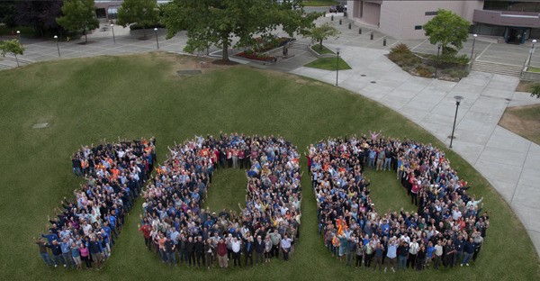 City of Redmond employees came together for a group photo on the lawn at City Hall. The photo was taken from the City Hall balcony