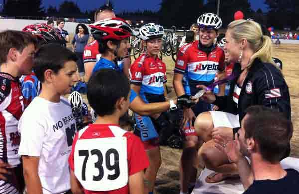 London 2012 Olympics silver-medalist Jennie Reed meets with local cyclists last Friday at the Marymoor Velodrome. The Marymoor Velodrome Association (MVA) and LifeWise Health Plan of Washington welcomed Reed home and celebrated her track-cycling success with the special event. Reed