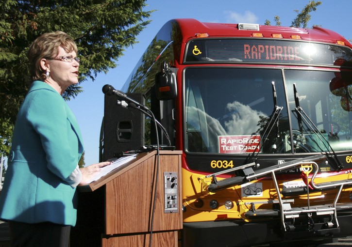King County Council member Kathy Lambert was one of several elected officials who made remarks at the launch event of Metro Transit's new RapidRide B Line