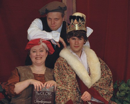 Steven Thomas (standing) and Jenn Ollivier (left) and Riley Neldam star in Evergreen Family Theatre's production of 'The Complete Works of William Shakespeare' (abridged) playing April 1-17 at Red-Wood Family Church