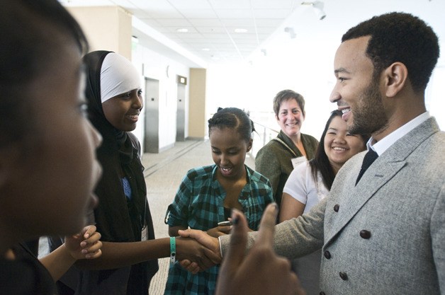 Grammy Award winning singer John Legend greets fans at the Meydenbauer Center prior to the Redmond-based Hopelink charity luncheon in Bellevue Monday afternoon. The luncheon attracted a crowd of nearly 1