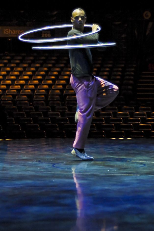 Dance performer Mike Tyus practices on stage for Cirque Du Soleil's production of KOOZA at Marymoor Park in Redmond on Tuesday.