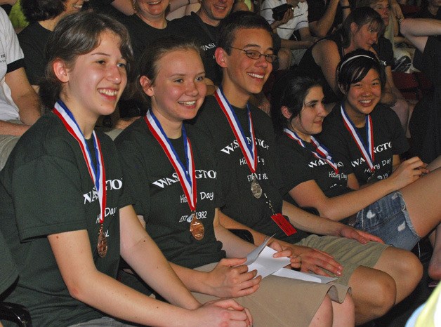 International Community School students from the Lake Washington School District were all smiles at the recent awards ceremony for National History Day 2010 at the University of Maryland. From left are award winners Ceridwen Riley of Kirkland