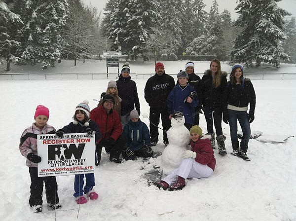 The Redmond West Little League (RWLL) crew enjoys a fun snow day at Hartman Park last Friday. RWLL is now accepting registrations for spring ball and will be holding a player tryout day this Saturday.