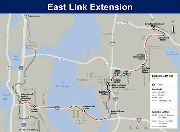 A map of the upcoming East Link light rail from Sound Transit.
