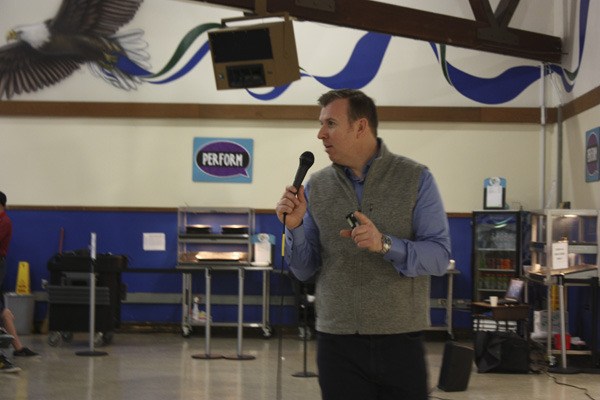 Charles Leitch  discusses cyber safety with Evergreen Middle School students on Thursday morning. “You want to be careful