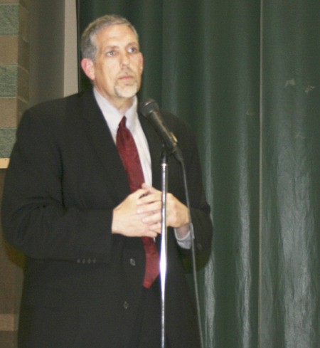 Lake Washington School District Superintendent Dr. Chip Kimball described himself as 'between a rock and a hard place' at a Thursday evening meeting at Redmond's Audubon Elementary. Many Audubon parents were upset about a school feeder change that will affect them in the fall of 2012