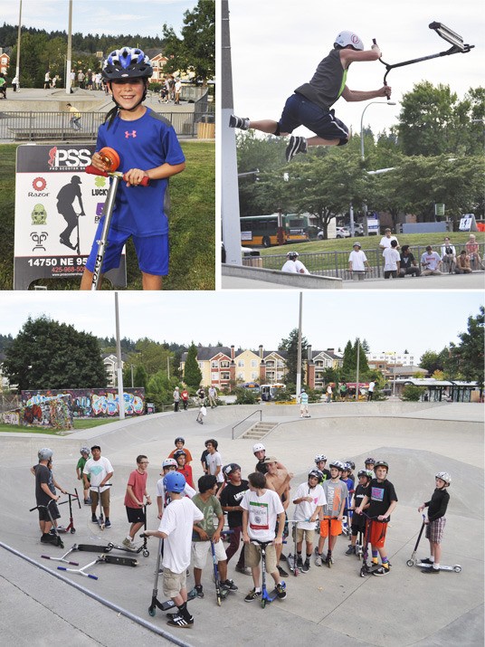 About 50 scooter riders from ages 8 to 20 invaded The Edge Skate Park in Redmond on Monday for a Pro Scooter Shop event. The Redmond shop hosted six local Lucky Team riders as they made their way through Washington on their 2014 West Coast Tour. The pros demonstrated tricks and rode with the attendees