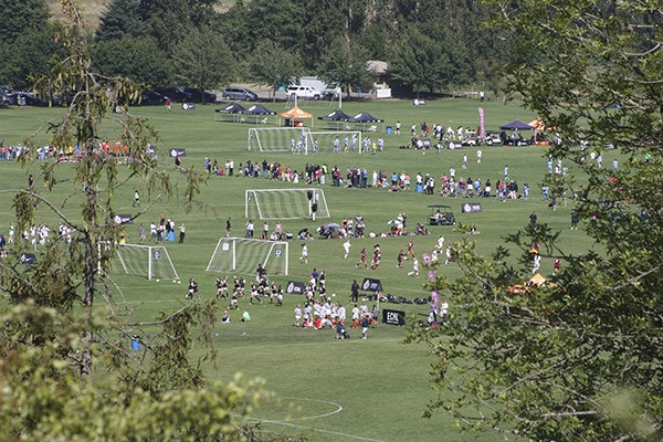 Soccer teams play in a tournament on the north field at 60 Acres Park in Redmond this morning. This photo was taken through the trees on 154th Place Northeast.