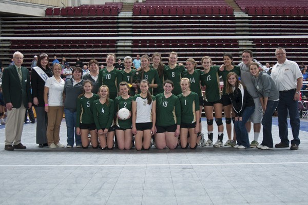 The Bear Creek School volleyball team is all smiles while receiving the fifth-place trophy from the 2B state tournament in Yakima last Saturday. The team placed fourth last year and eighth in 2009.