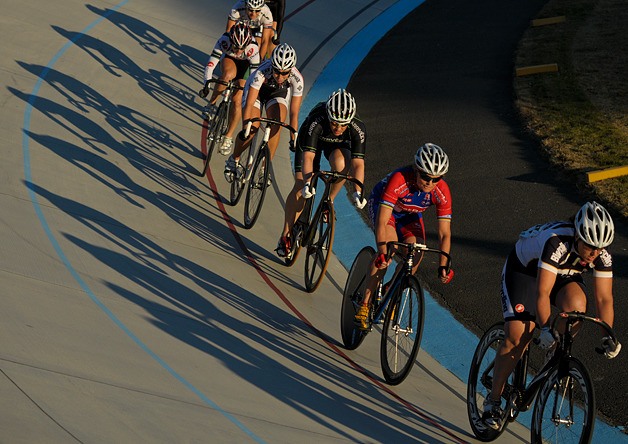 Female riders participate in a 'Keirin' race preliminary heat during the FSA Grand Prix event at the velodrome at Marymoor Park in Redmond on Friday evening. Racing continues on Saturday night at 7 p.m.