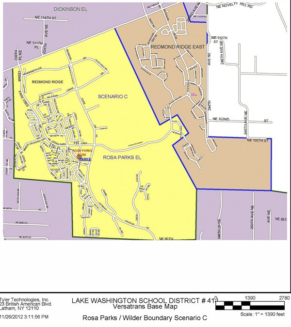 The Lake Washington School District has presented three scenarios for a re-boundary for Rosa Parks and Wilder elementary schools. Scenario C (above) is the preferred choice among most Redmond Ridge and Redmond Ridge East families.