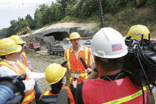 Washington State Department of Transportation Construction Engineering Manager North Brian Nielsen speaks to the media in front of the Wilburton Tunnel earlier this week.