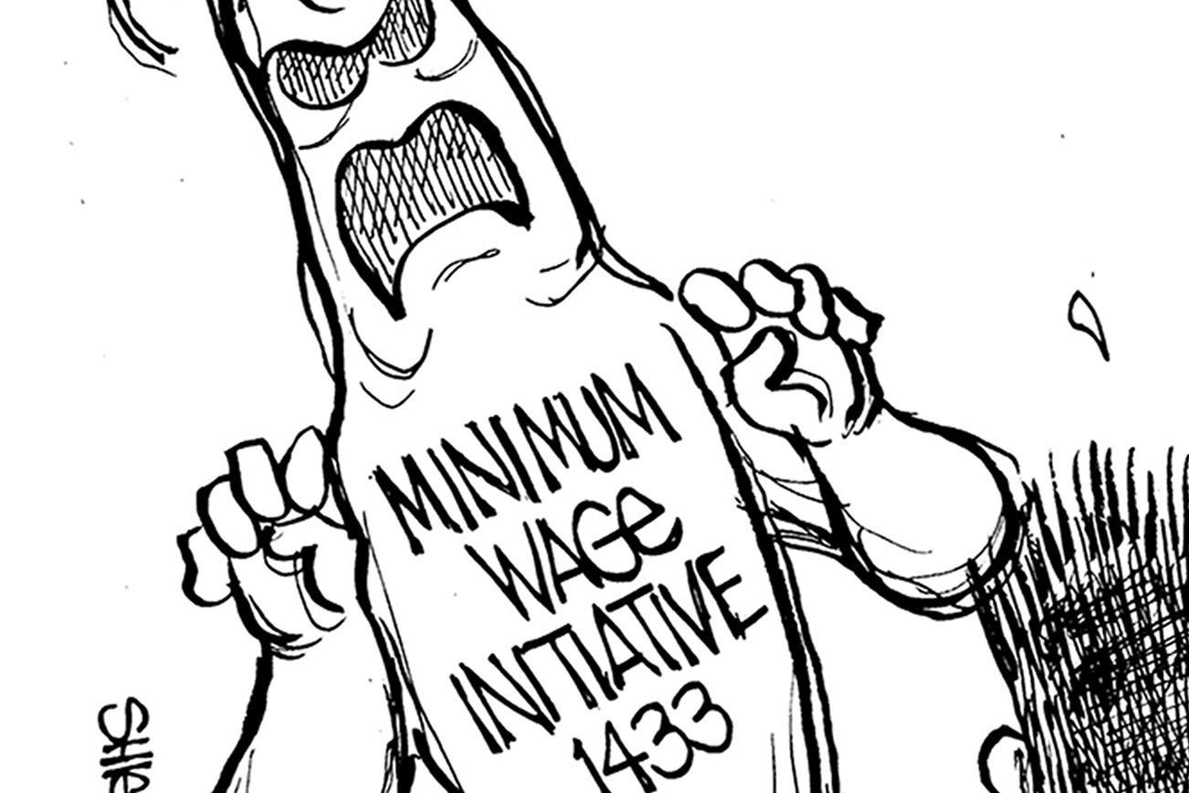 Editorial cartoon: Minimum Wage Initiative 1433 and Carbon Tax Initiative 732 and small businesses