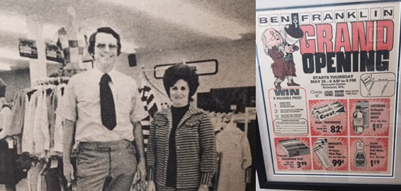 Bob and Shirley Ferguson in the early days of Ben Franklin Crafts and Frames with a newspaper ad attached. Courtesy photos