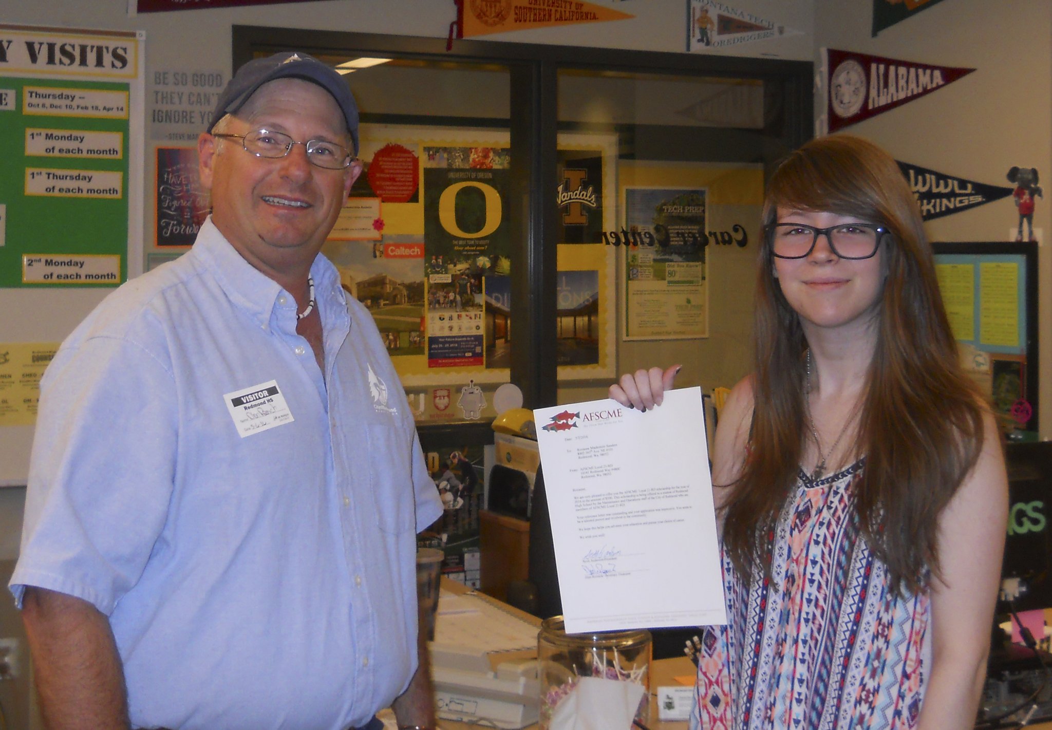 Redmond High senior Roxanne Mackenzie Sanders received a $500 scholarship from the AFSCME Local 21-RD (the maintenance workers for both public works and parks for the City of Redmond). Alan Reznick