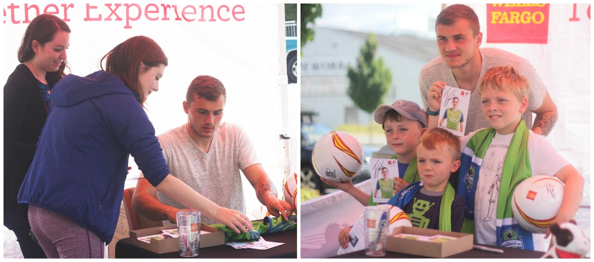 Seattle Sounders FC forward Jordan Morris signs autographs today at Wells Fargo in Kenmore. Pictured with Morris (left) are Izzy Brandstetter and Anne Fuenzalida; and (right) Zackary