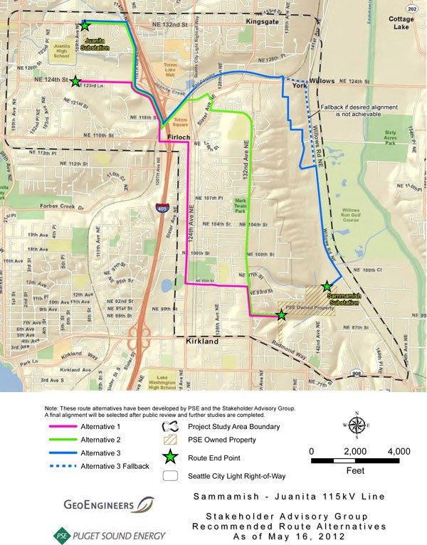 Puget Sound Energy is constructing a new transmission line that will run from the Sammamish substation in Redmond to the Juanita substation in Kirkland. The utility has narrowed the route to the three options shown here.