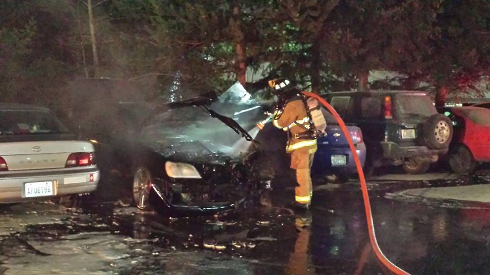 The Redmond Fire Department (RFD) responded to a heavily involved car fire at about 6:30 a.m. Tuesday at the Genie Industries Scissor Plant on 185th Avenue Northeast. RFD contained the fire to the engine compartment of a 1997 Mercedes Benz Sedan. No injuries were reported. Courtesy of the Redmond Fire Department
