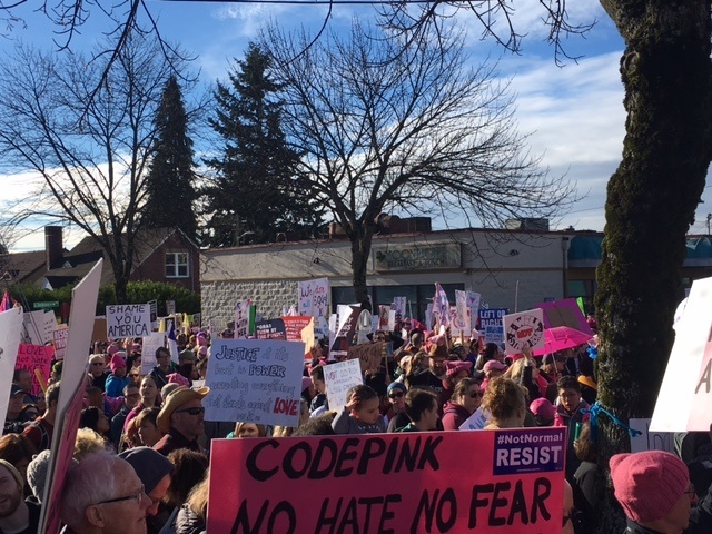 Women’s March on Seattle participants walk through downtown on Saturday. Courtesy photo