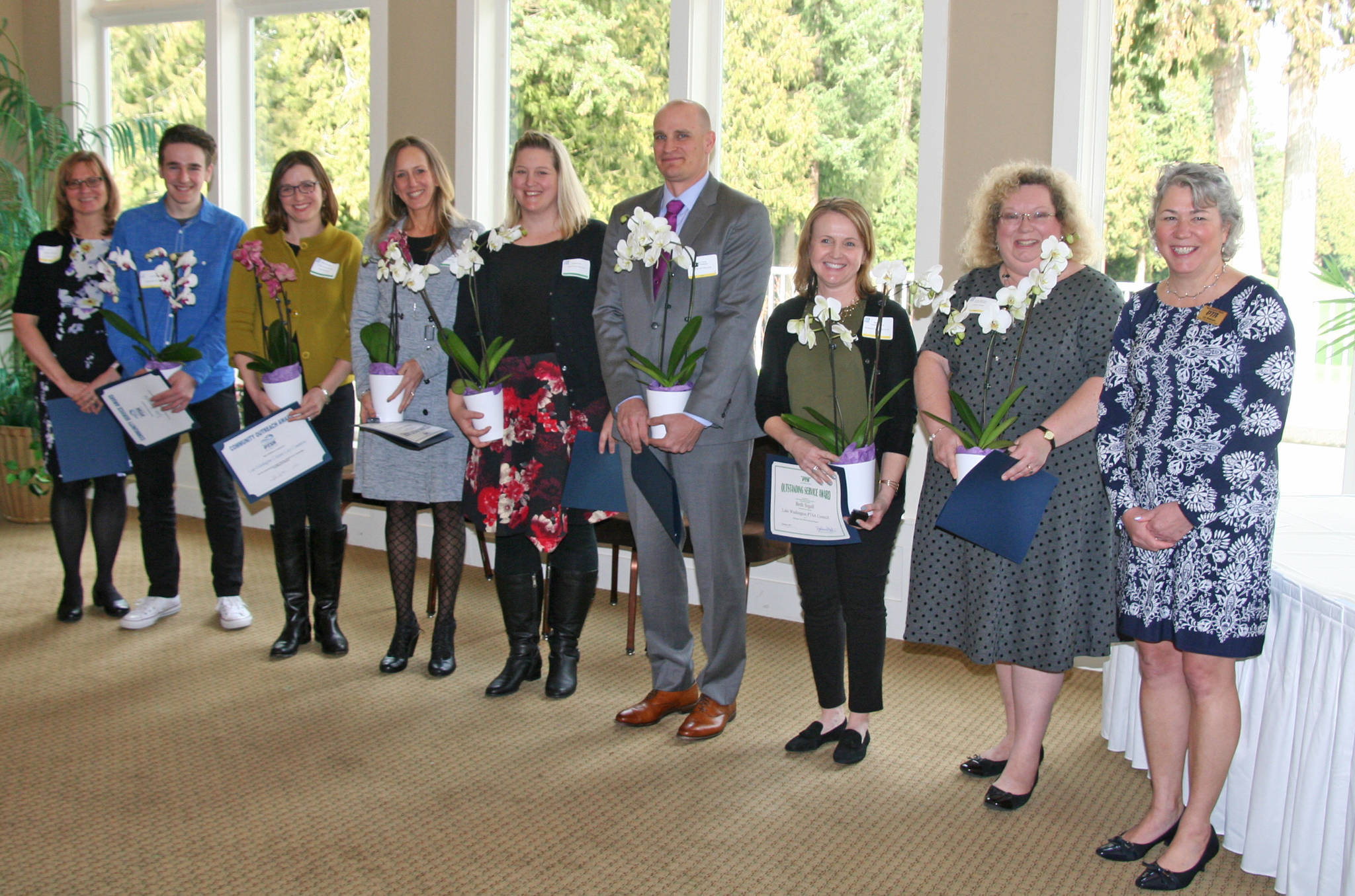 Winners from left to right: Jane Dulski, Tyler Zangaglia, Martha DeAmicis, Stephanie Lecovin, Melissa Stone, Jeremy Cromer, Beth Sigall, Susan Seabrooks and Lake Washington PTSA President Liz Hedreen. Courtesy photo