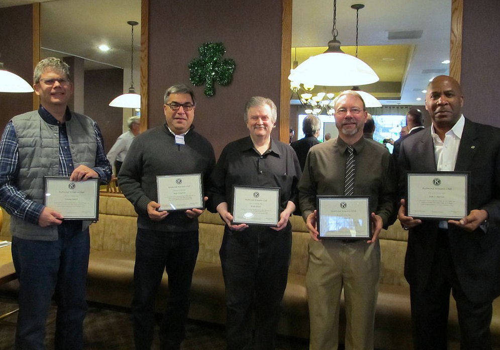 The Redmond Kiwanis Club recently added six new members: Roy Captain, Don Horton, Gary Schimek, Tommy Smith, Mark Stuart and Bob Yoder. Pictured, from left to right, are: Yoder, Captain, Stuart, Schimek and Horton. Smith is missing from the photo.