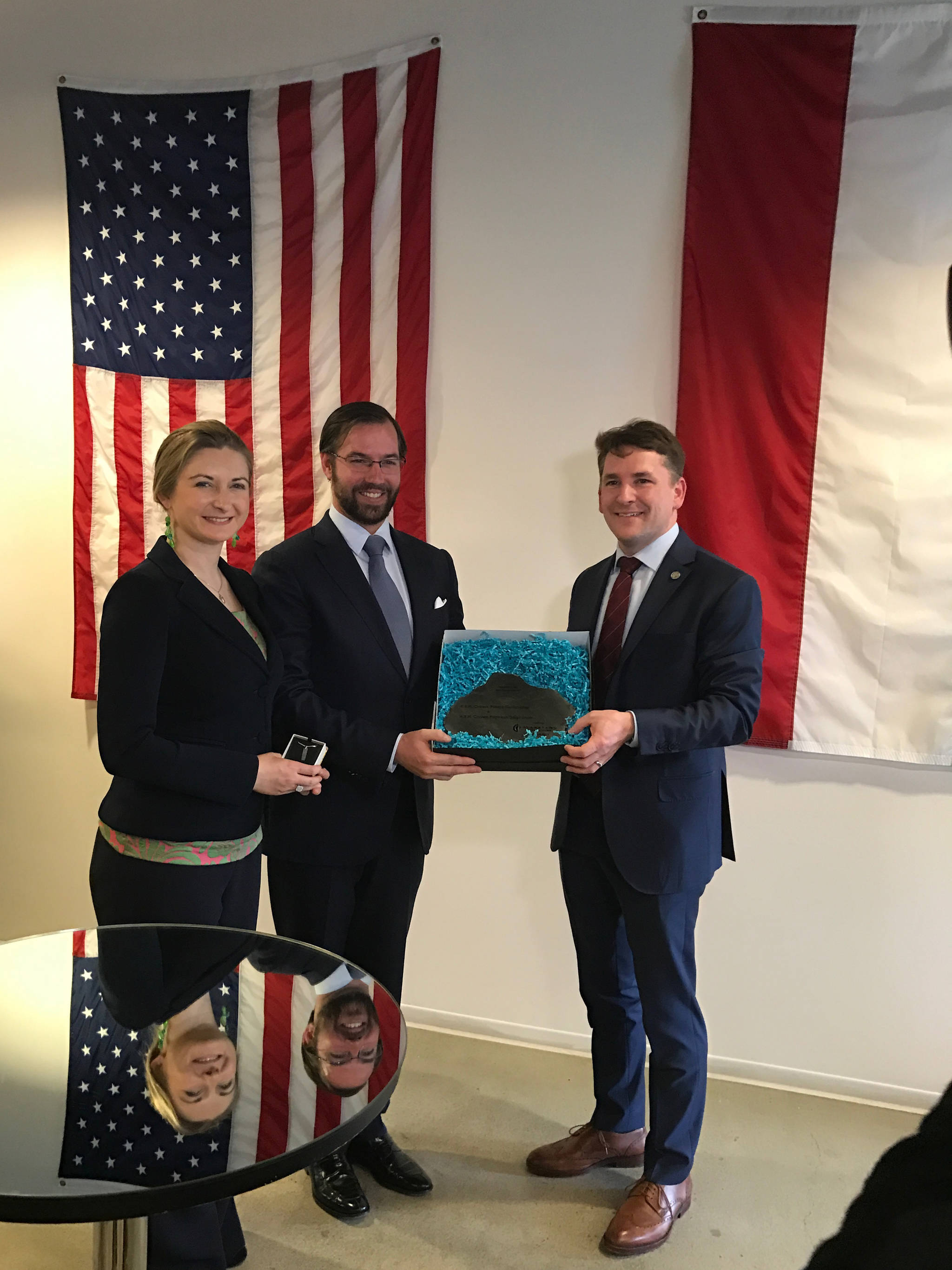 From left, Luxembourg’s Crown Princess Stephanie, Crown Prince Guillaume and Planetary Resources’ CEO and president Chris Lewicki meet at the company’s Redmond office. Courtesy of Planetary Resources