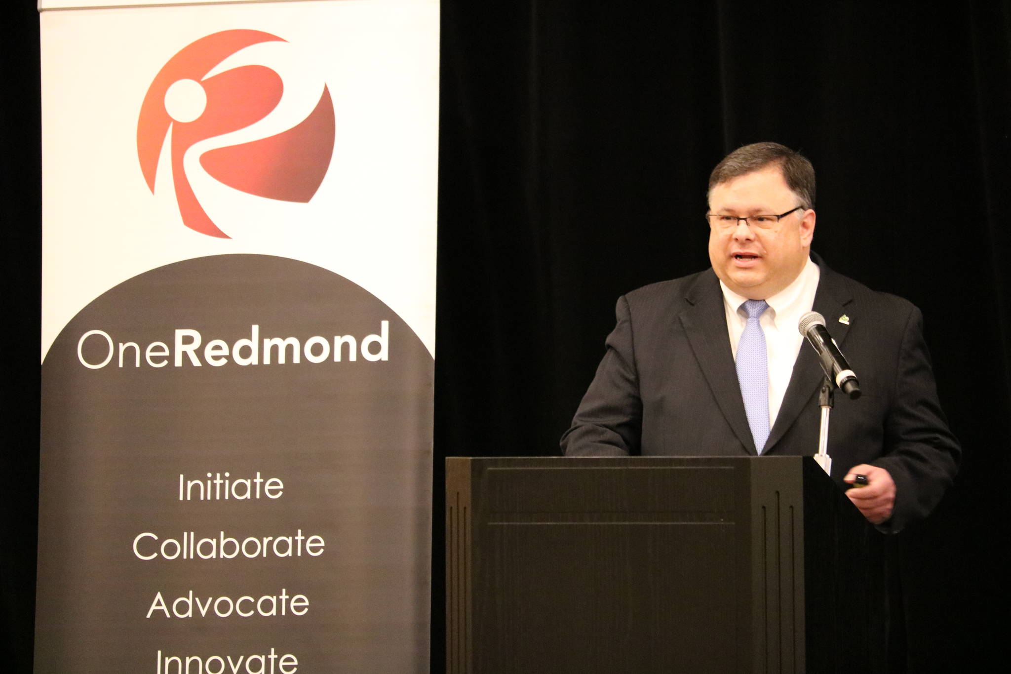 Mayor John Marchione gives the Redmond state of the city address on Thursday morning. Aaron Kunkler, Redmond Reporter