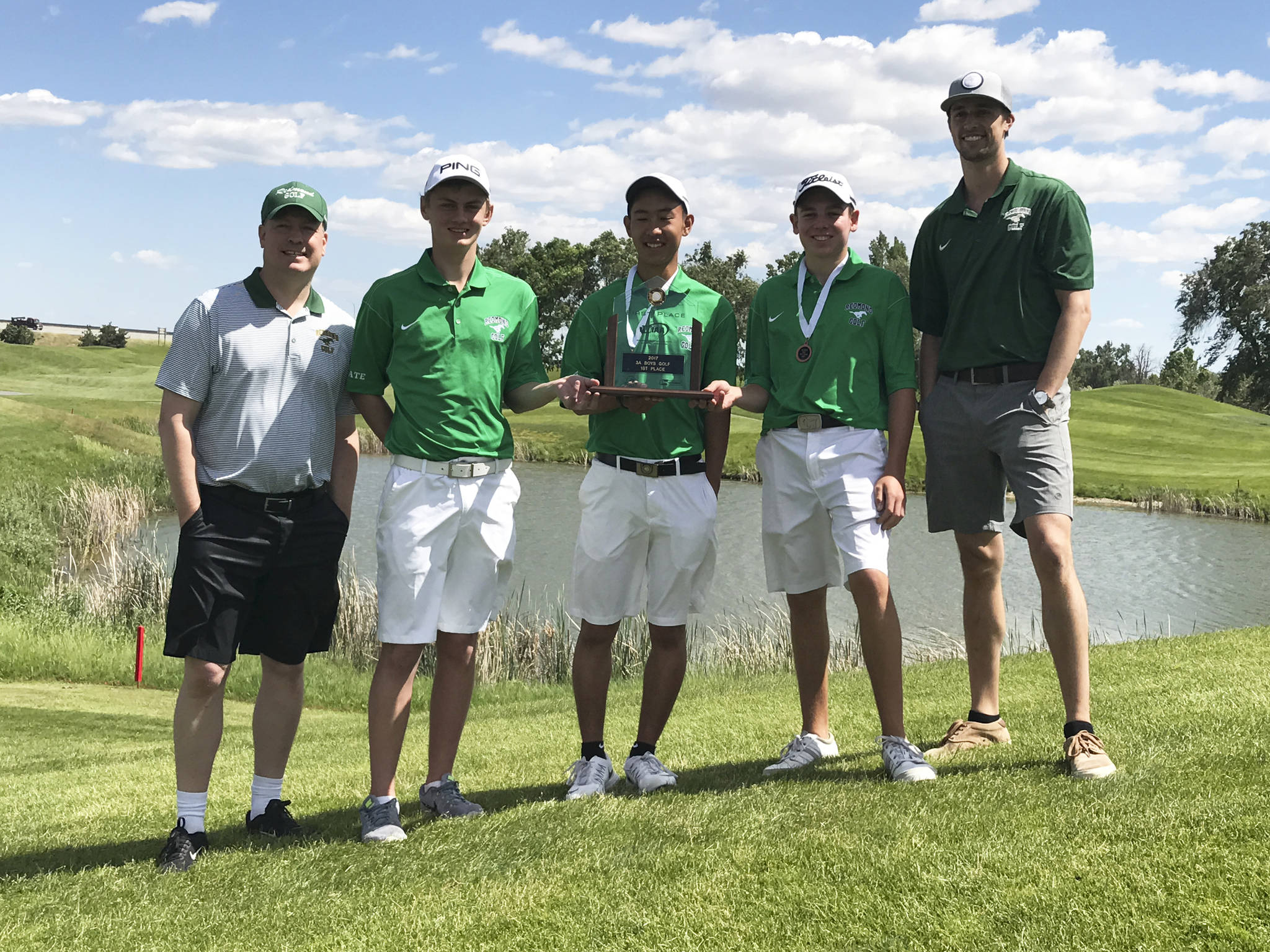 Redmond High’s golf crew at the 3A state tournament: From left to right, Steve Wiebe, Michael Cummings, Sean Kato, Connor Golembeski and Spencer Burnstead. Courtesy photo