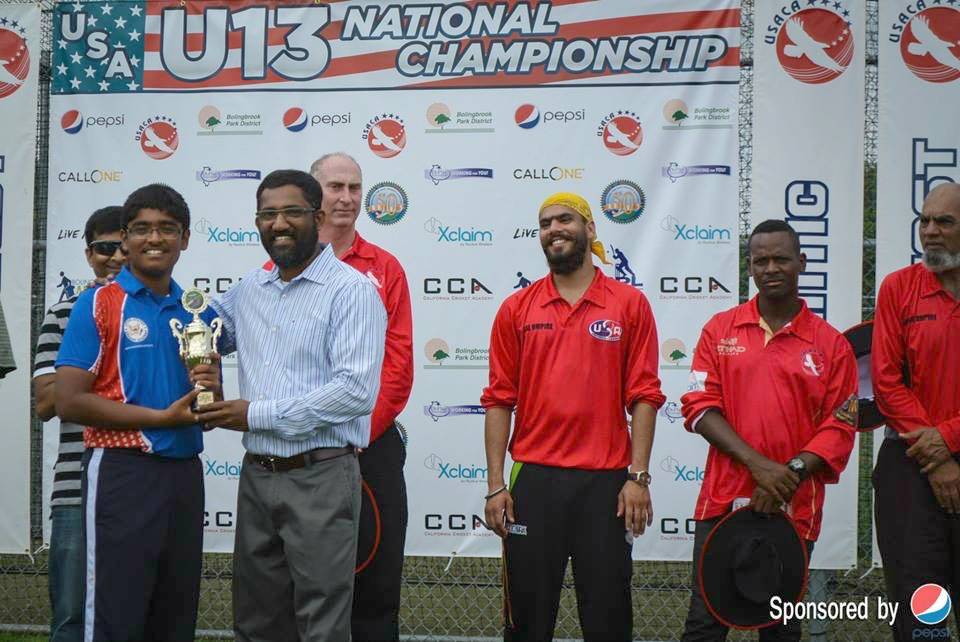 Sathya Venkatesan, far left, receives a man of the match award at nationals. Courtesy photo
