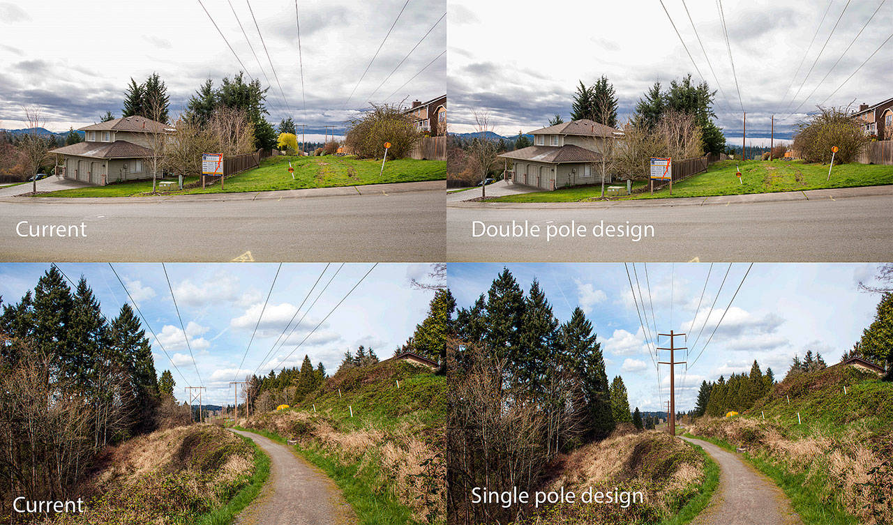 Puget Sound Energy’s Energize Eastside project will replace two-pole towers with taller, single poles and four-pole towers with two poles. Photos courtesy of Puget Sound Energy