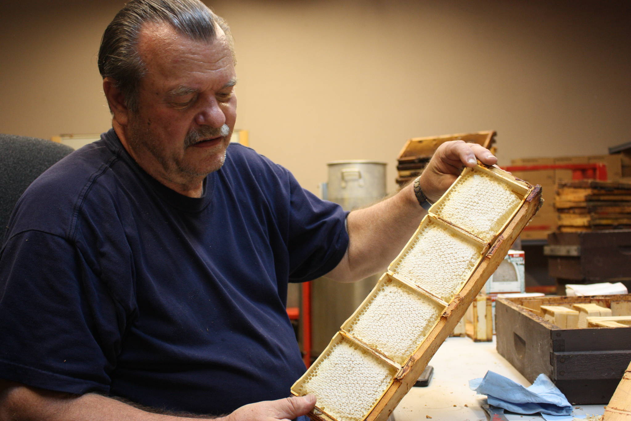 Dean Barnett, owner of Mr. B’s Honey, shows off some honeycomb that will be removed from the hive matrix, boxed and sold. Barnett has been a beekeeper for decades, first as a hobby and now as a retirement occupation. Aaron Kunkler/Redmond Reporter