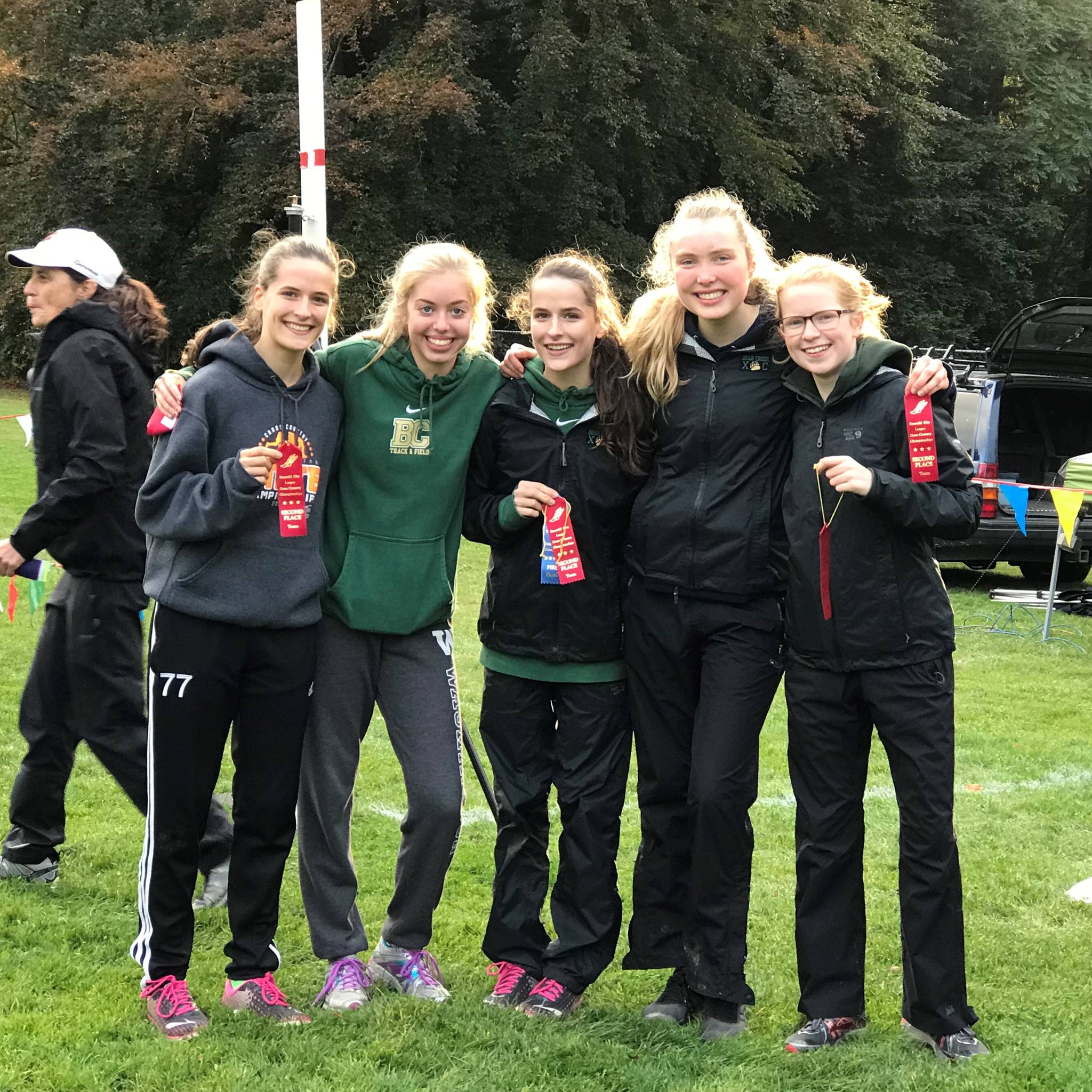 Bear Creek’s girls cross-country team, from left, Olivia Markezich, Tiffany Cowman, Andrea Markezich, Lucy Caile and Jennifer Buckley (not pictured: Meagan Mulligan). Courtesy of Alice Detwiler