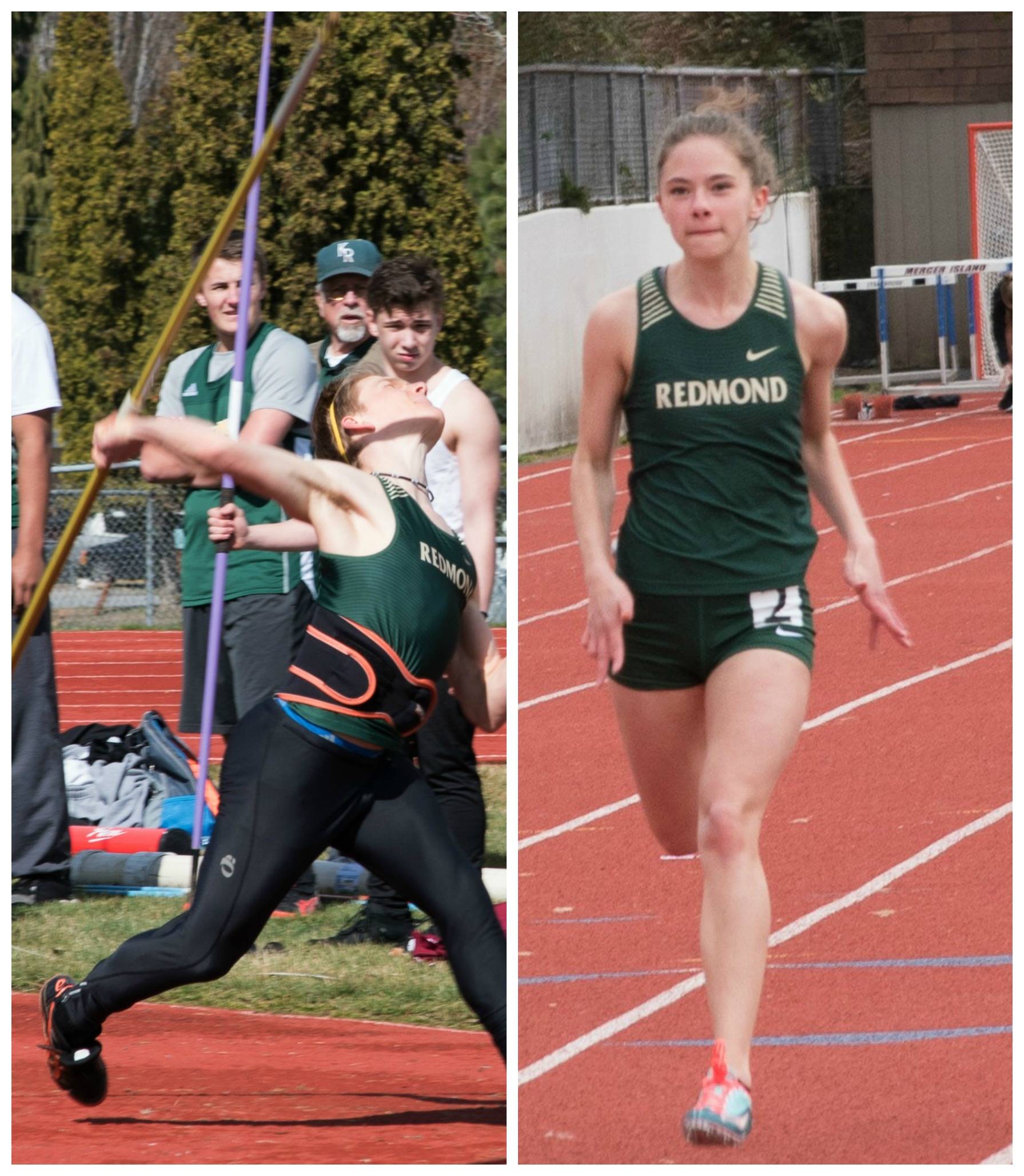 Left, Redmond High javelin thrower Jack Ellis and 400-meter sprinter Caitlyn Axe compete at the Pasco Invitational on April 14. Photos courtesy of Stuart Lui