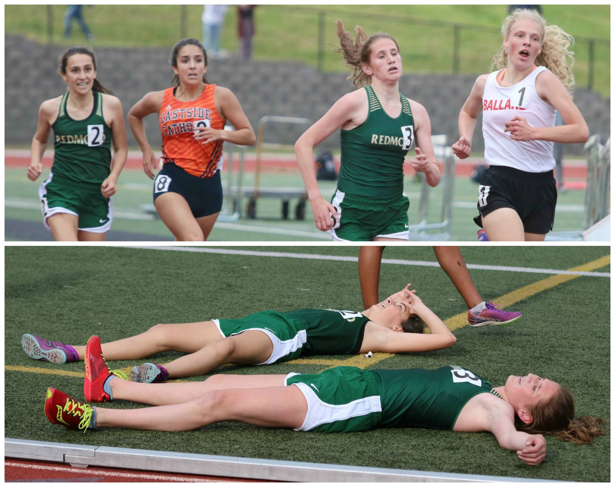 Top: Redmond’s Chloe Connolly (2) and teammate Lili Hargreaves (3) dash toward the finish line in the 3,200 meters at districts. Hargreaves took third in 11:10.83 and Connolly finished sixth in 11:11.74. Both times were PRs. Below: Connolly, left, and Hargreaves catch their breath after running the 3,200. Andy Nystrom / staff photos