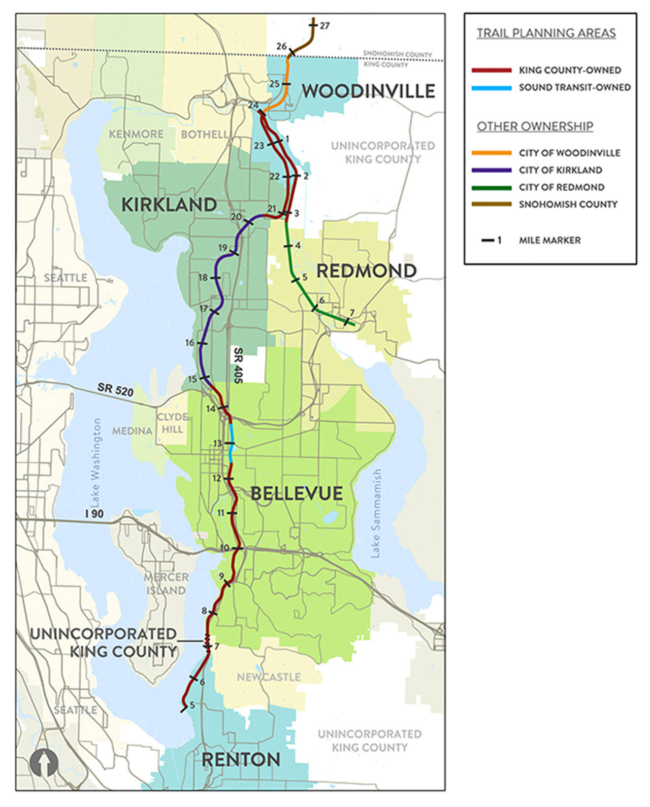 King County map of the entire Eastside Railway Corridor that shows how it connects the area from Woodinville to Renton. Image courtesy of King County.