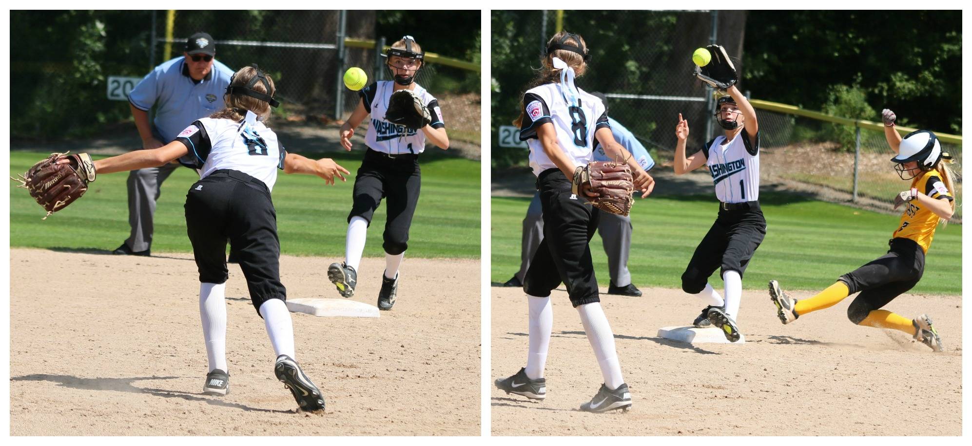 Karli Kostoff, left, tosses the ball to Sundis Cole for a force out.