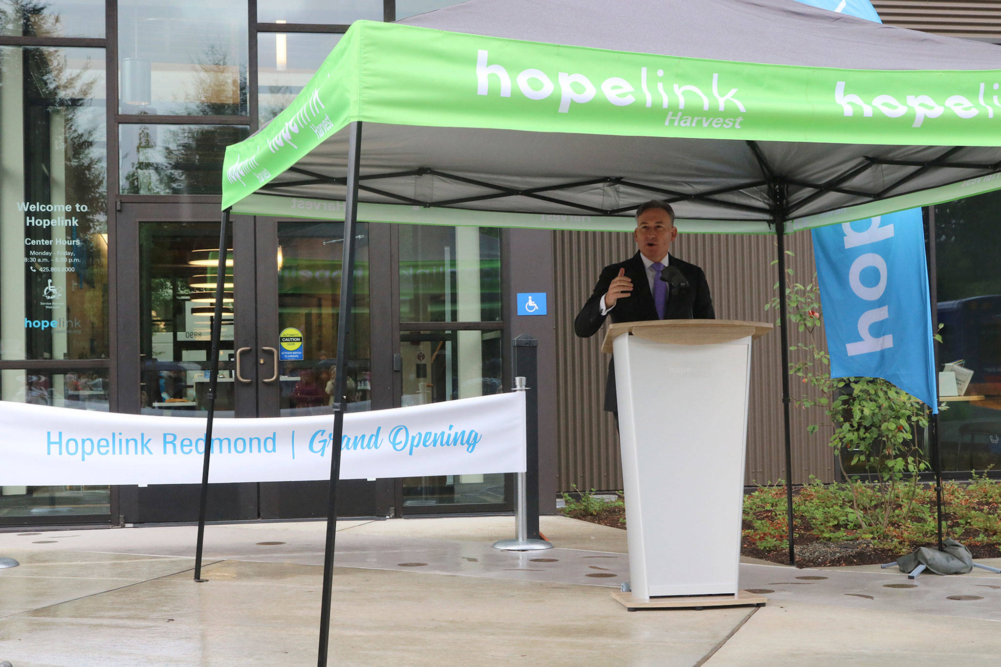 King County Executive Dow Constantine speaks about the impact Hopelink has in the region, by helping people gain the tools to exit poverty and homelessness. Katie Metzger/staff photo