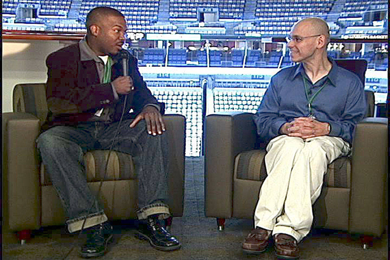 Hallstrom and Brown doing pregame coverage before the Arena Football Championship in New Orleans back in 2007. Courtesy of Thunder Sports Network.