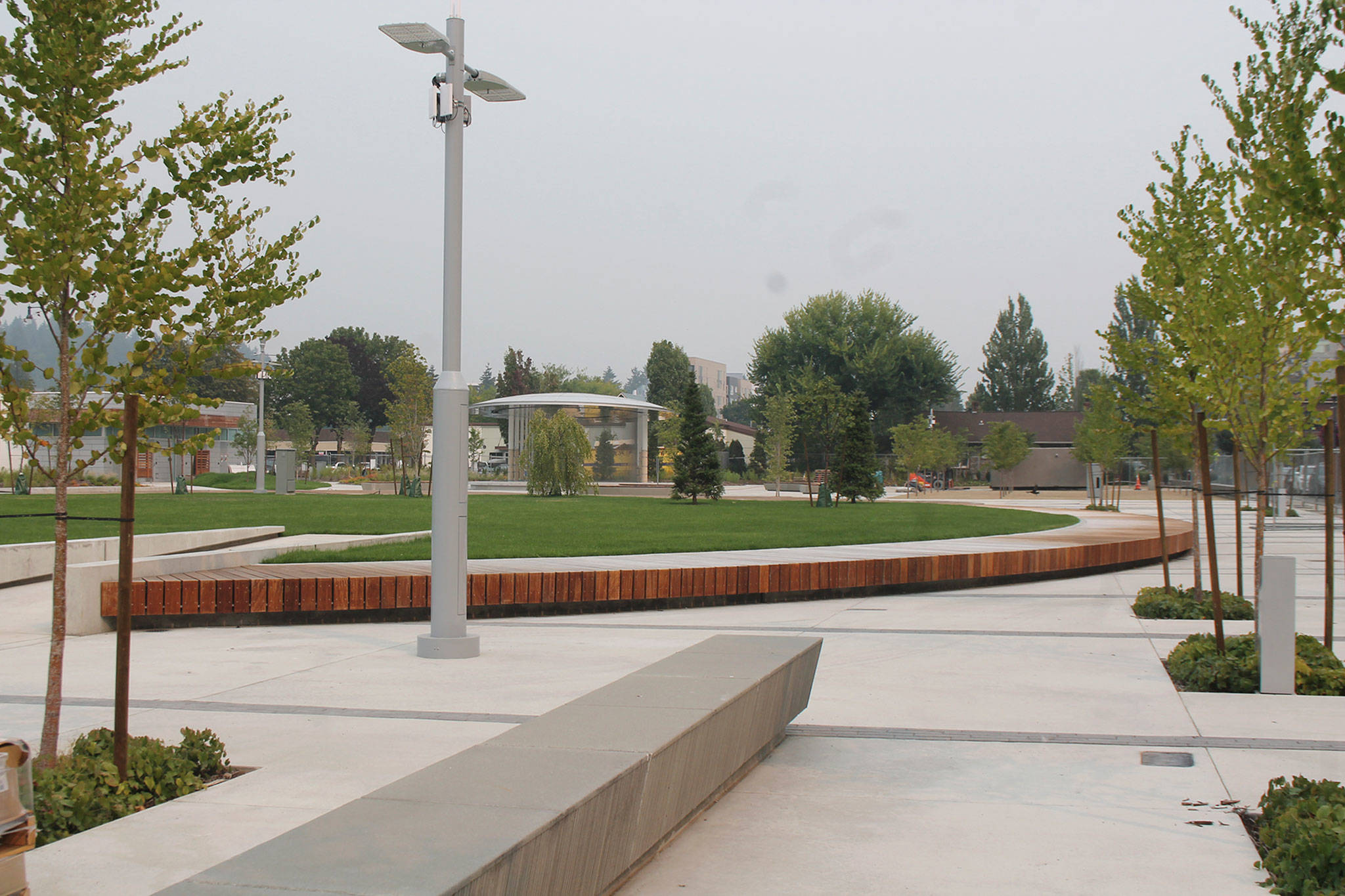 Downtown Park in Redmond, seen on a smoky day on Aug. 20, is almost ready to open after about a decade of planning. Katie Metzger/staff photo