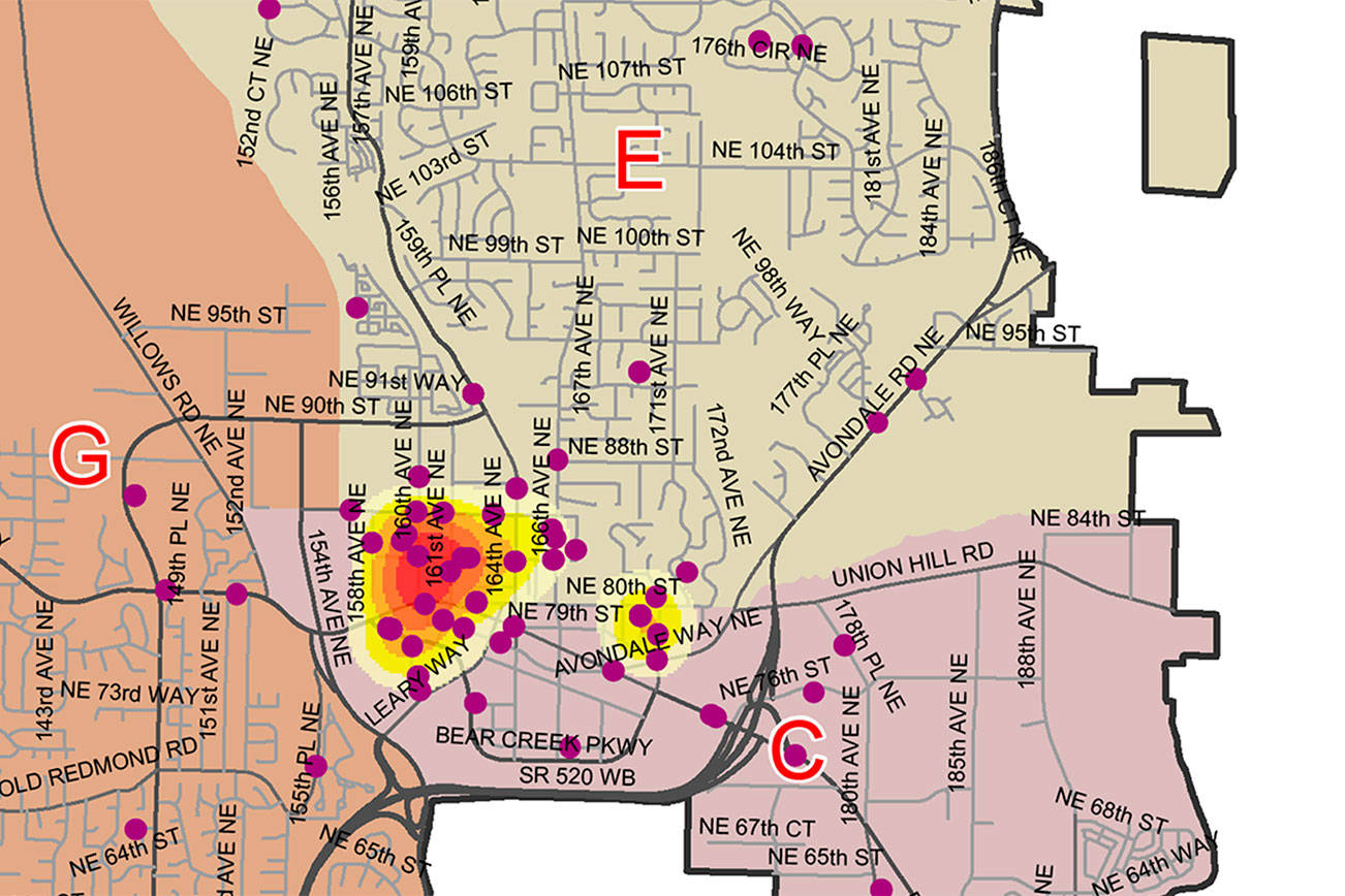 Heat-map of Redmond bike theft reports for this year. Courtesy of the Redmond Police Department