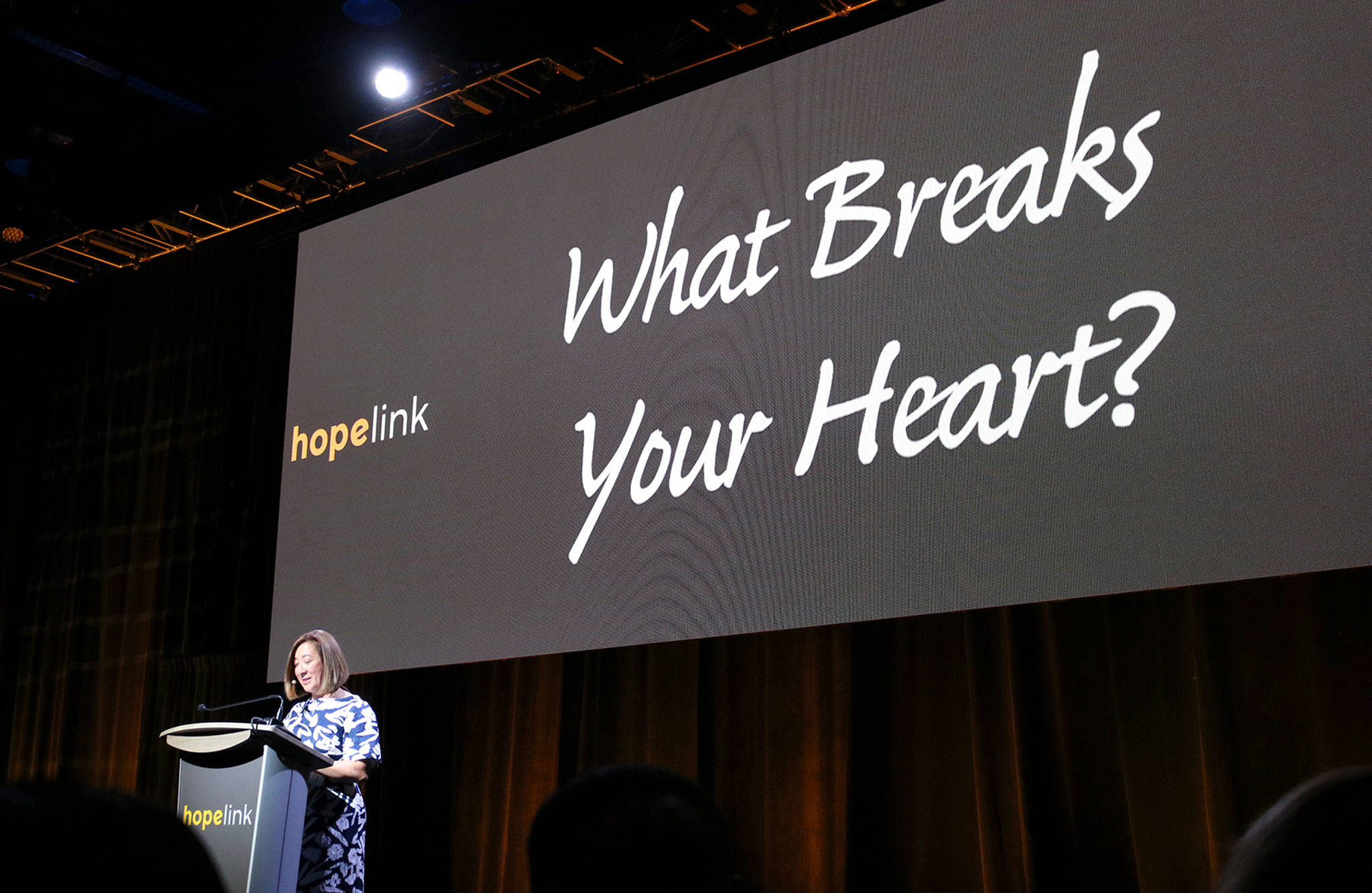 Hopelink CEO Lauren Thomas asks the attendees at Hopelink’s 23rd annual Reaching Out luncheon to think about what breaks their heart. Katie Metzger/staff photo